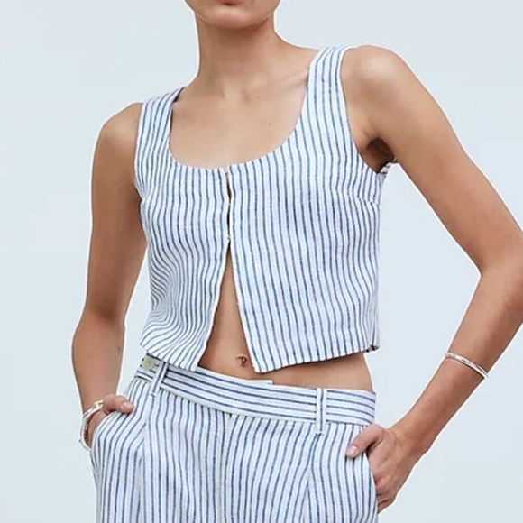 NWT MADEWELL Scoop Neck Crop Tank 100% Linen Sleeveless Blue White Size 6 - Picture 1 of 7